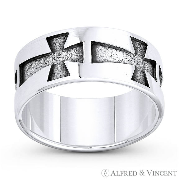 Flared Heraldic Pattee Cross Charm 7.5mm Band / Wide Unisex Ring in Oxidized .925 Sterling Silver