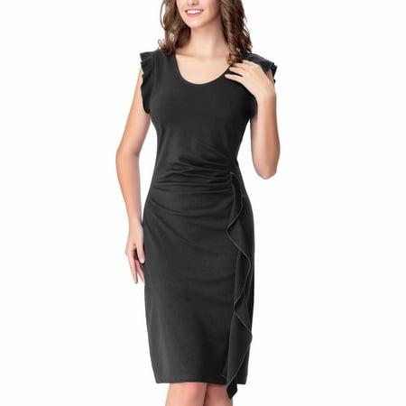 One Sight Women's Classy Ruffles Cap Sleeve Slim Wear to Work Business Pencil Cocktail
