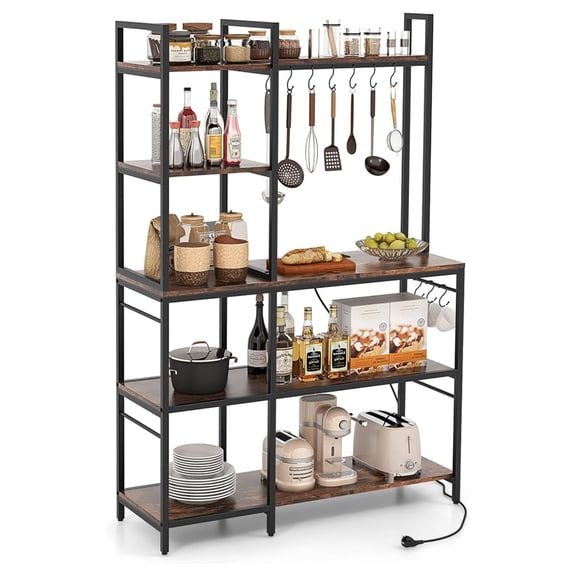 Bakers Rack with Power Outlets, 5-Tier Coffee Bar Table Organizer w/ 10 S-Shaped , 63" Large Microwave Stand, Kitchen Utility Storage Shelf for Dining Room, Living Room (Rustic Brown)
