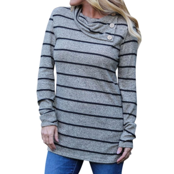 STARVNC Women Long Sleeve Elbow Patch Stripes Lapel Collar Shirt Blouse