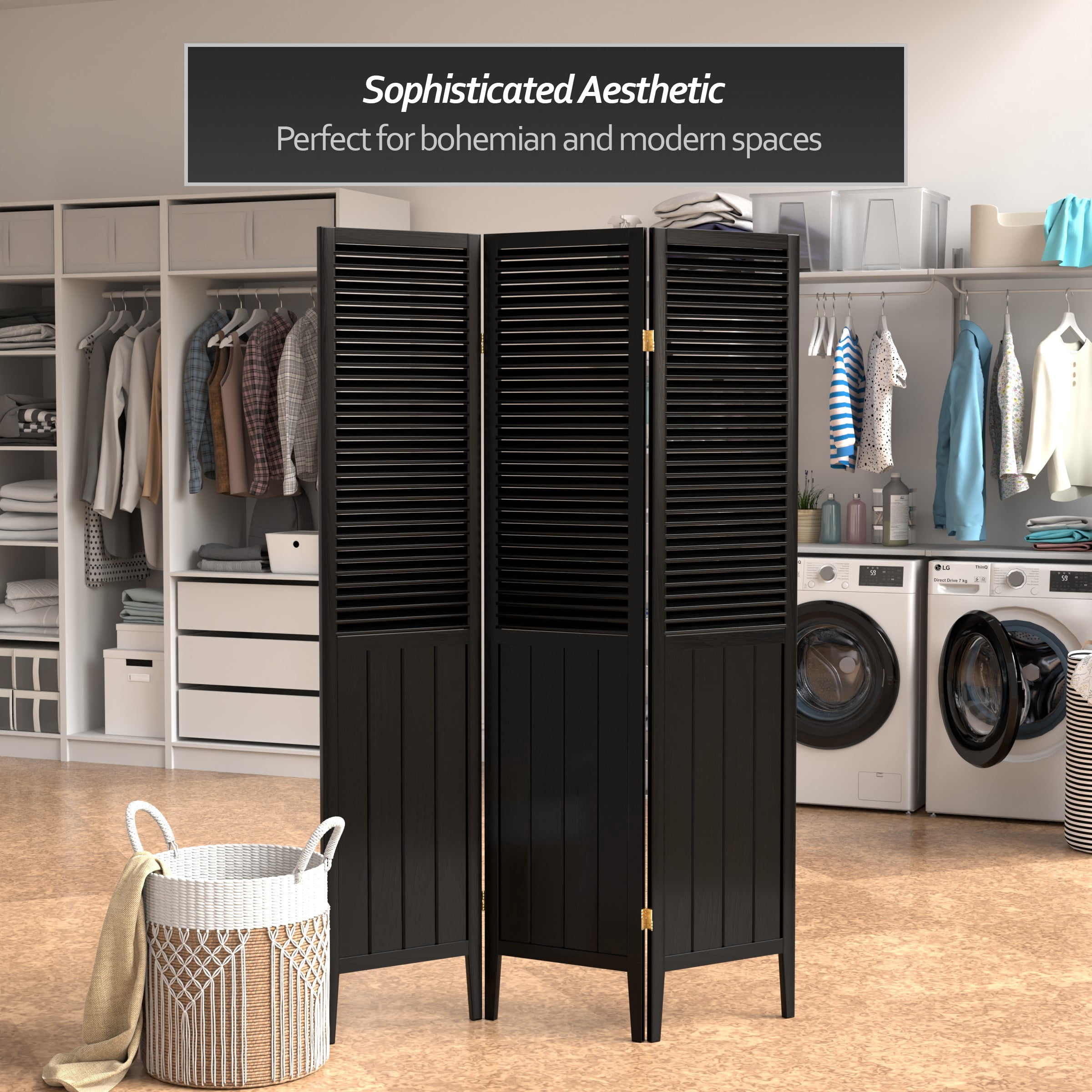 6 ft. Tall Beadboard Room Divider Panel Screen - Black - 3 Panels