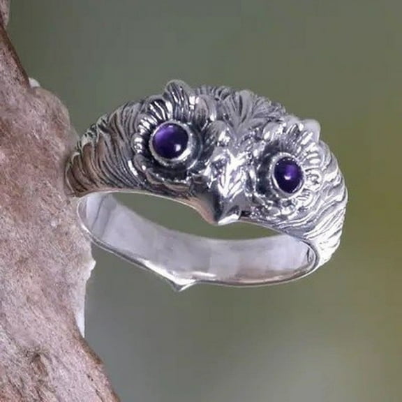 Womens Retro Owl Ring with Purple Eyes Cute Animal Zodiac Design Alloy Ring Artificial Gemstones Diamond Processing Ring Ancient Silver Finish Fashion Jewelry