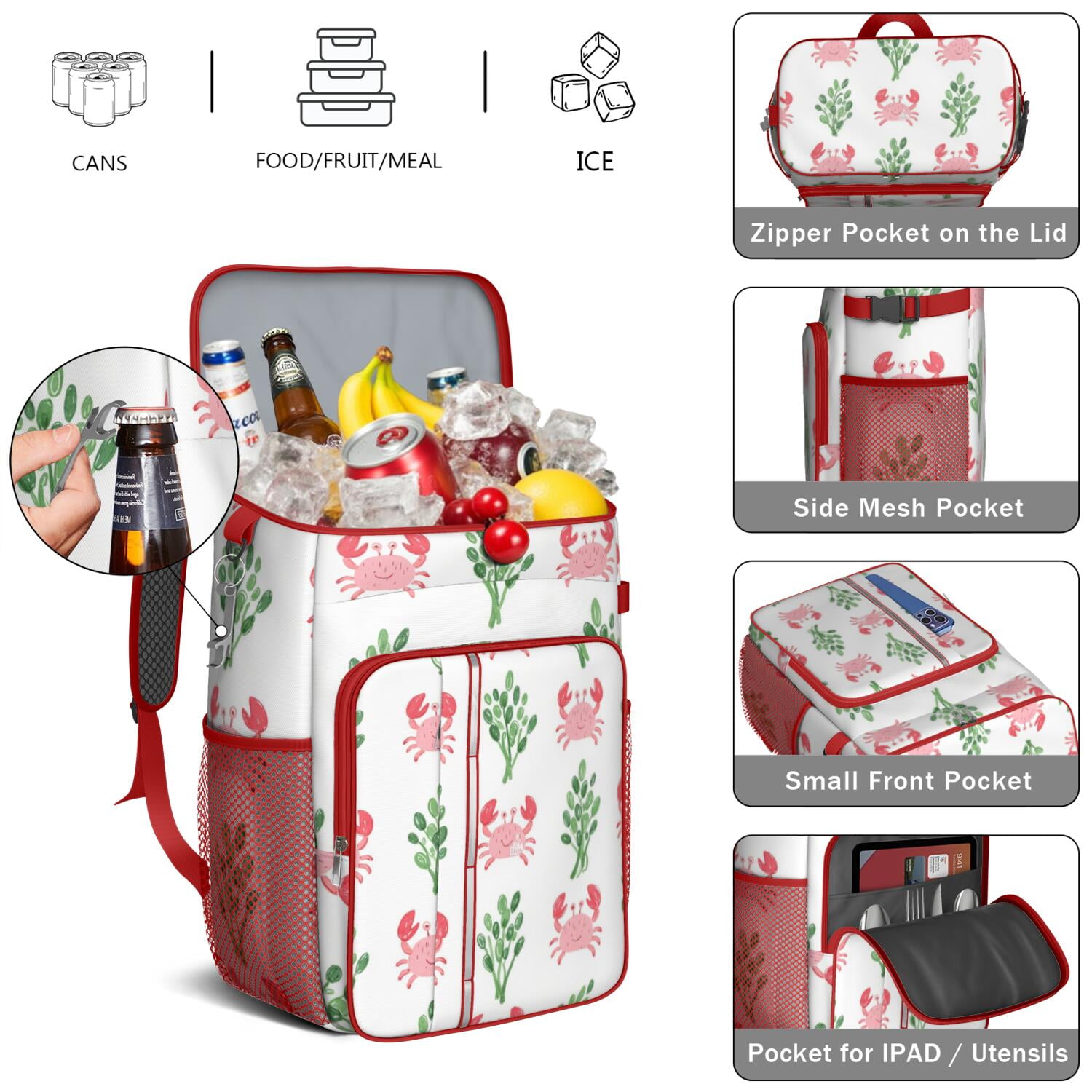 Camping Cooler Backpack 26 Cans,Soft Backpack Coolers Insulated Leak Proof Travel Cooler Bag Waterproof Lunch Picnic Beach Work Trip Thermal Bag Drink Beverage Beer Bag Cooler Marine Adorable Crab