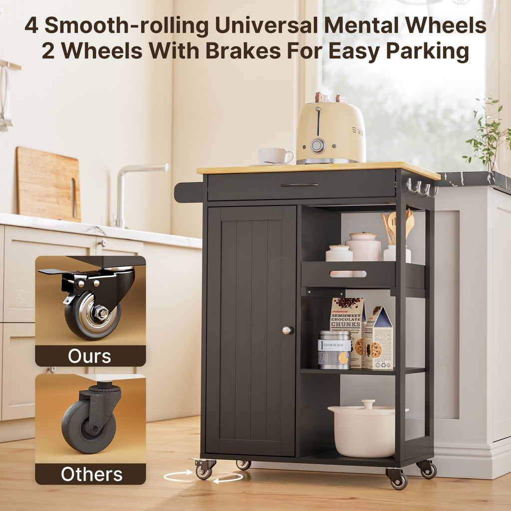 Aiho Kitchen Island Cart on Wheels with Towel Bar and Hooks, Rolling Mobile Serving Utility Cart with Drawer and Adjustable Shelves, Black