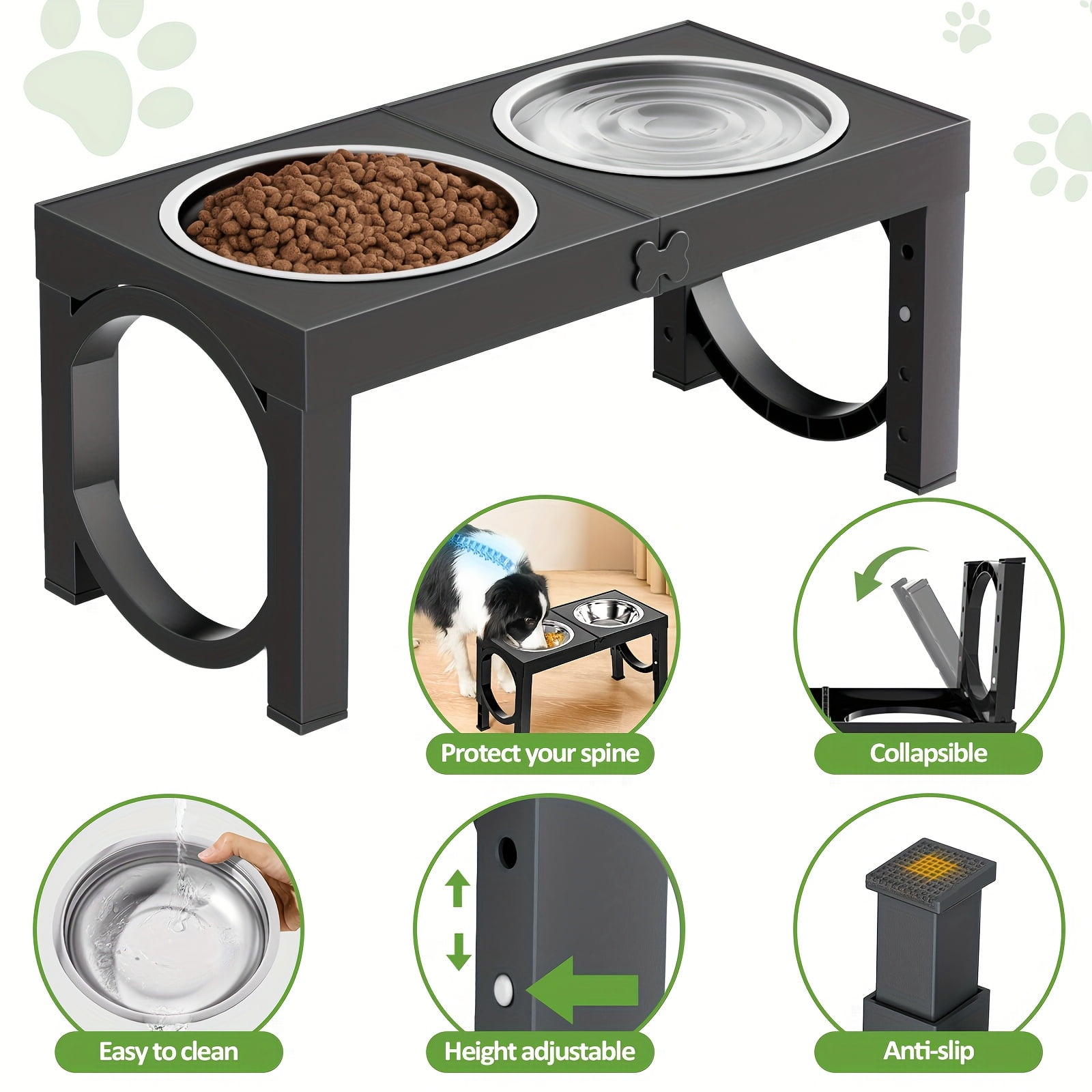 Aystkniet Adjustable Foldable Elevated Dog Bowls with 2 Stainless Steel Bowls, 5 Heights Raised Feeder, Gray