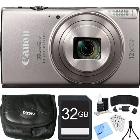 Canon PowerShot ELPH 360 HS Silver Digital Camera 32GB Card Bundle includes Camera, 32GB Memory Card, Reader, Wallet, Case, Mini Tripod, Screen Protectors, Cleaning Kit and Beach Camera