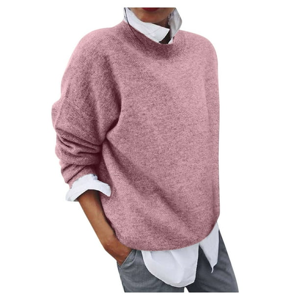 Gibobby Suéteres para mujer, Suéteres de otoño para mujer 2023 de manga larga a rayas de gran tamaño, suéter de punto casual de moda con cuello redondo(Rosa,CH)