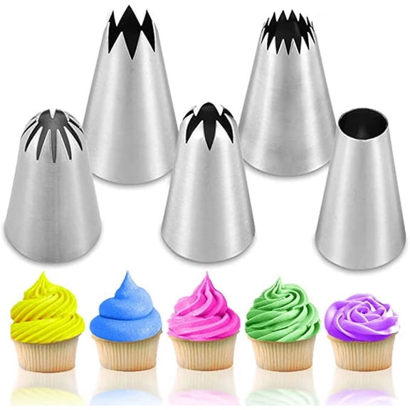 5 pcs/set Large Piping Set,Stainless Steel Decoration Set Nozzles Tip,Pastry Cake Decorating Baking Tools For Cupcakes Cakes Cookies Decorating(Silver)