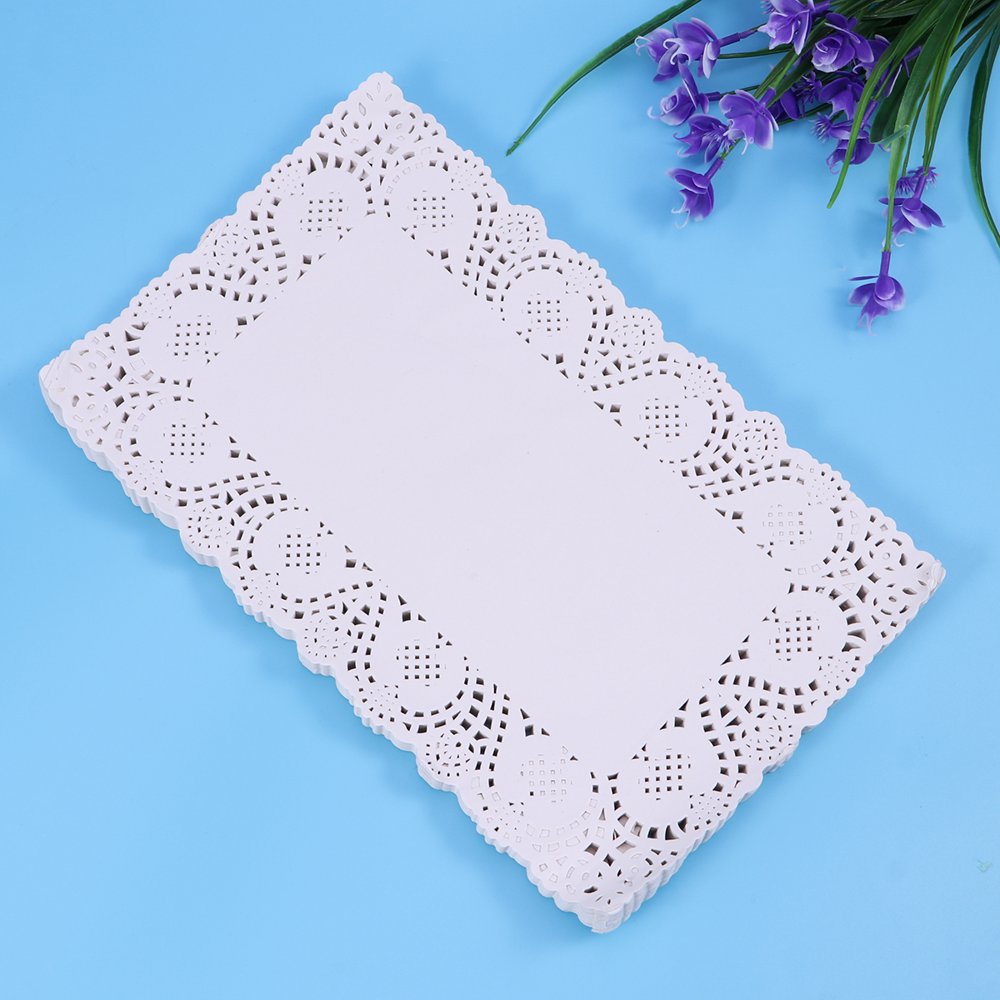 JUNWELL 140pcs Disposable Oil-absorbing Rectangle White Lace Paper Doilies Cake Box Liner Packaging Paper Pad