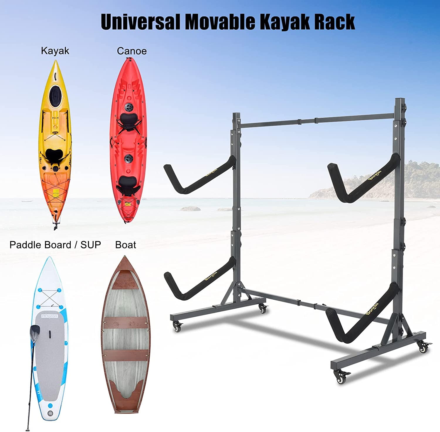 HJTER Kayak Stand Freestanding Storage Rack for Kayak Canoe Boat Paddle Board SUP Surfboard for Indoor Outdoor Garage, Shed, Dock with Lockable Wheels Wide Adjustable