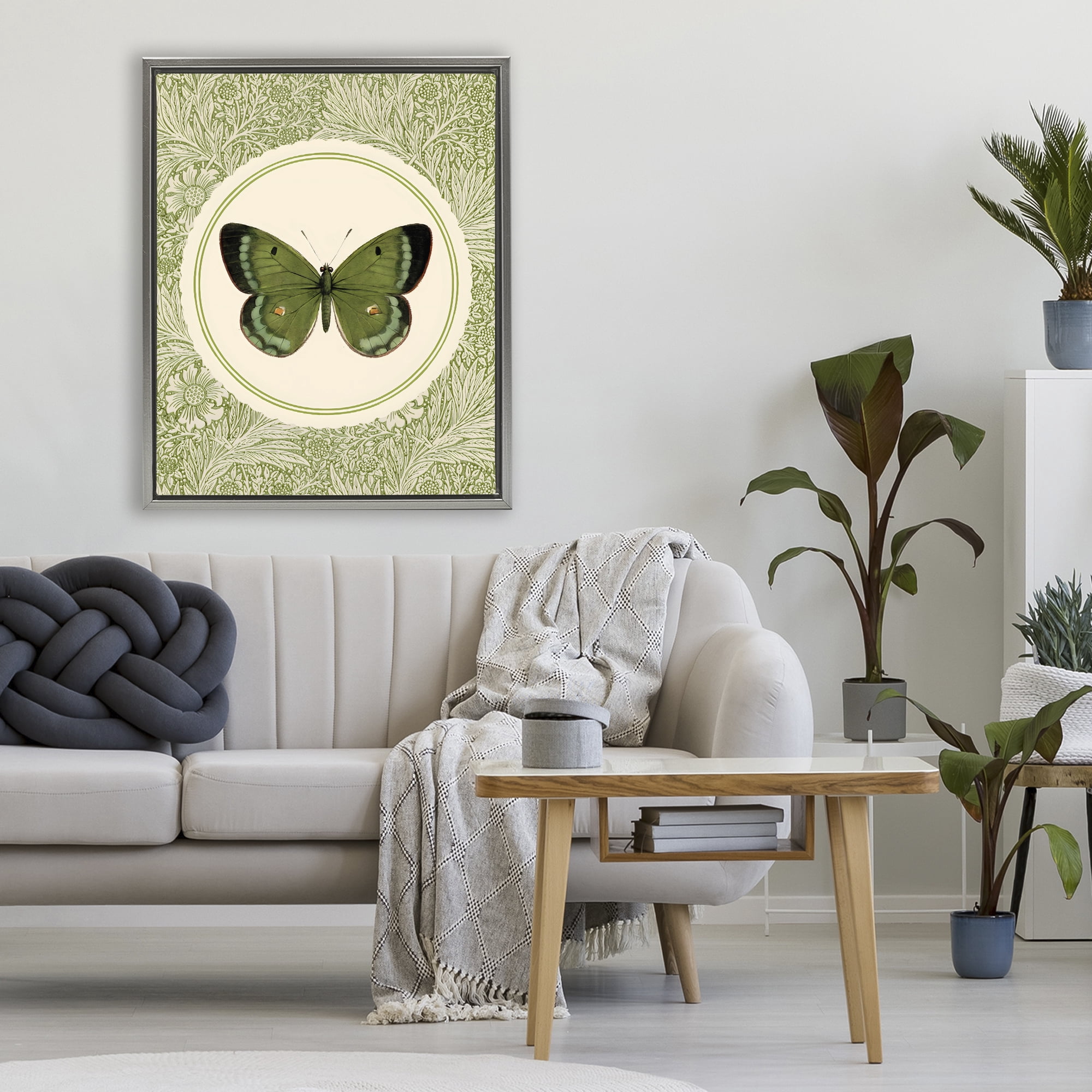 Stupell Industries Green Butterfly Botanical Medallion Gray Framed Floater Canvas Wall Art, design by LSR Design Studio