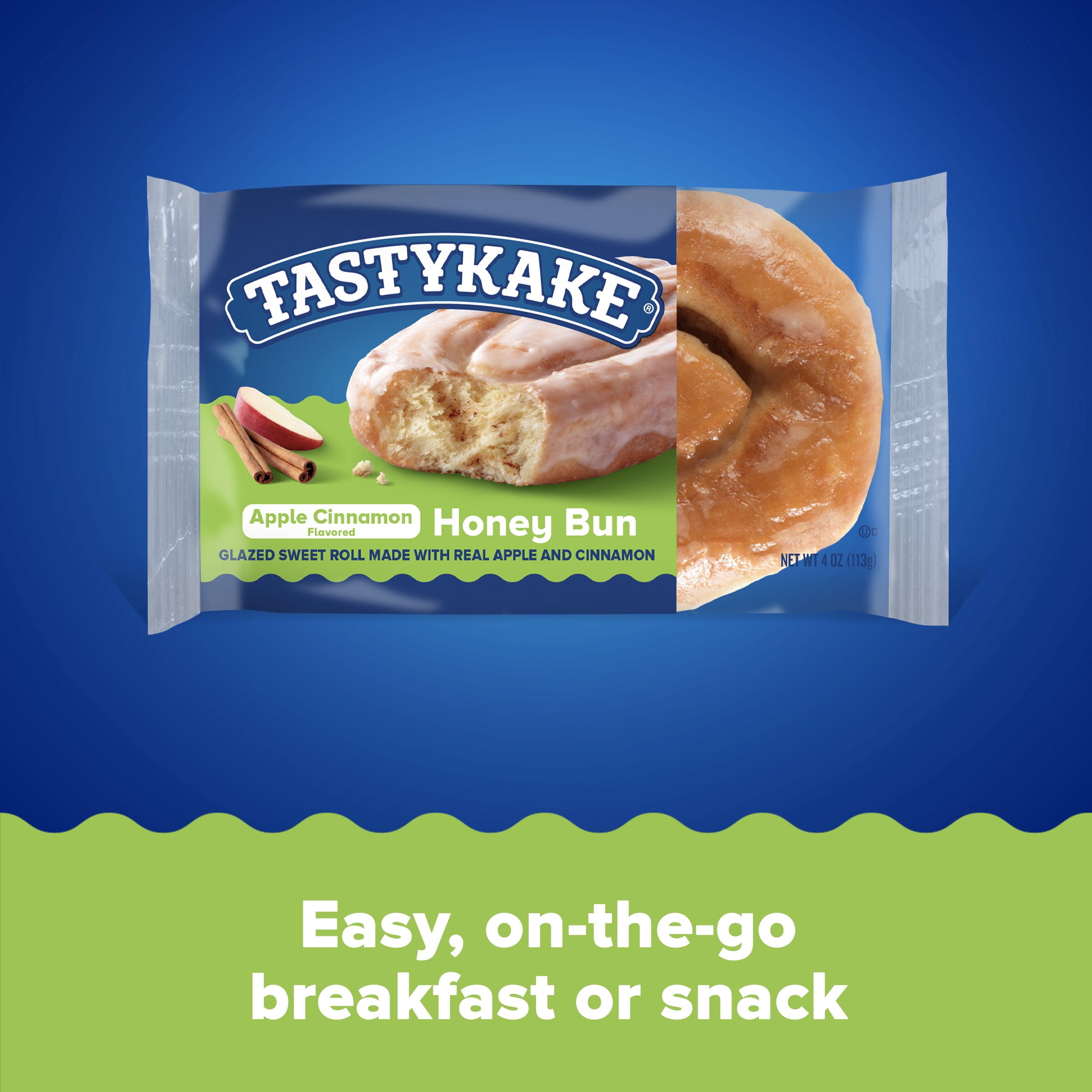 Tastykake Apple Cinnamon Flavored Honey Bun, Sweet Glazed Topping, 4 oz, Shelf-Stable