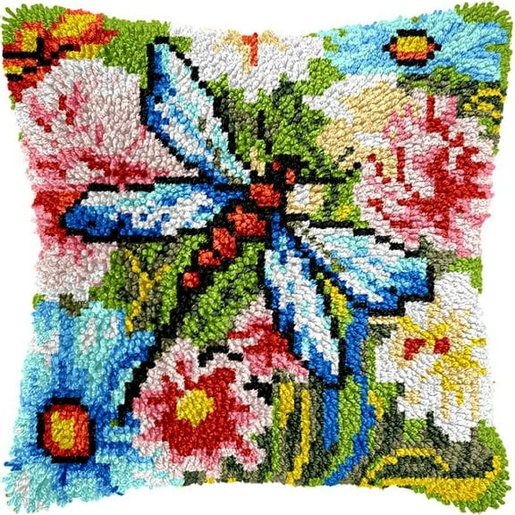 Flowers Dragonfly Latch Hook Kits Pillow DIY Rug Crochet Hook Cushion Making Kits Printed Pattern Canvas Pillowcase Hooking Kits Pillow Cover Crochet Kits 43x43cm(fs152)