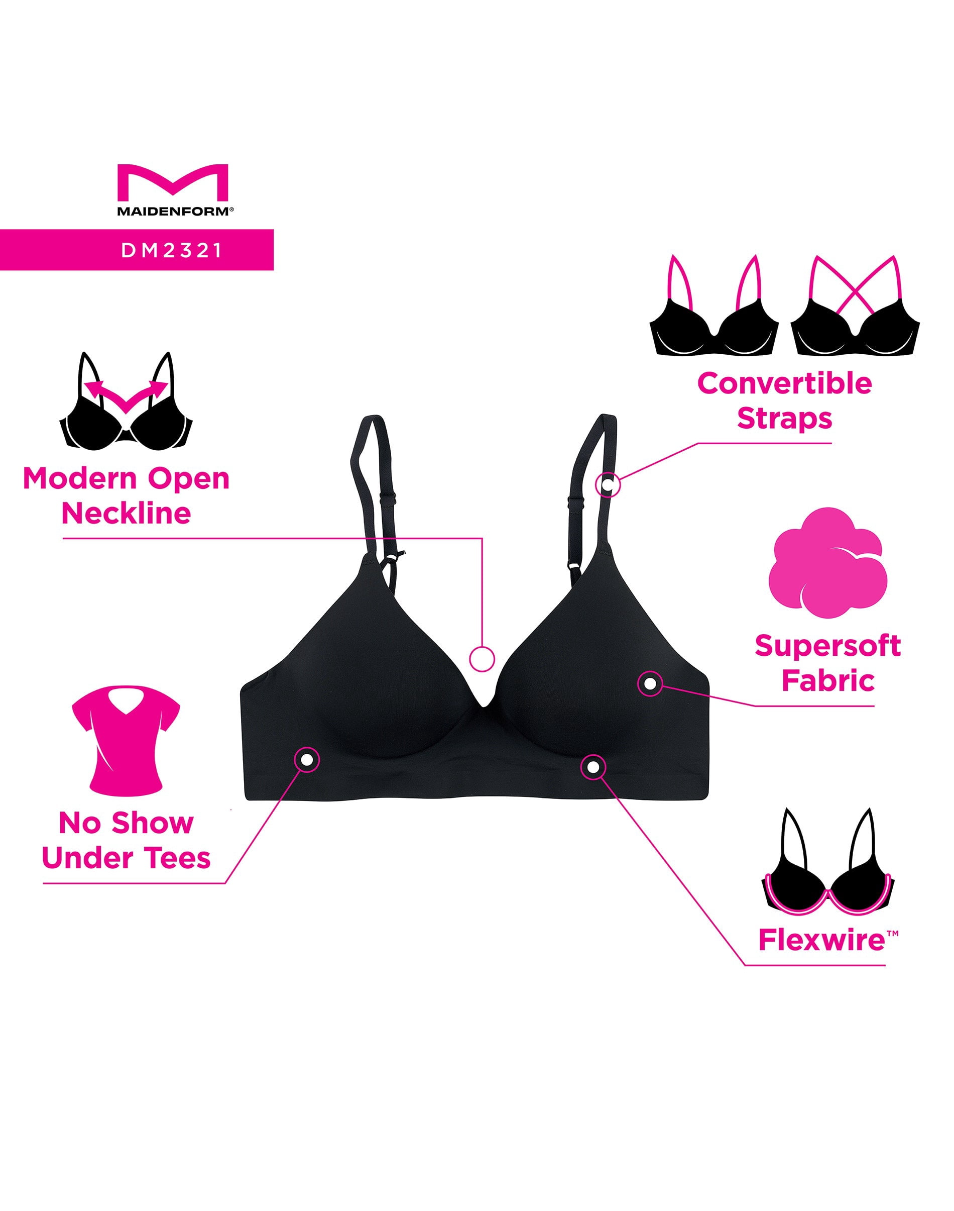 Maidenform Barely There Underwire T-Shirt Bra Open Neckline Convertible Straps Women's DM2321