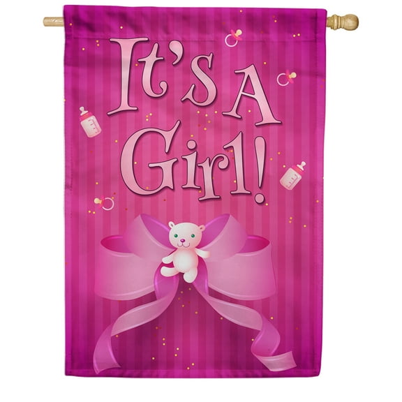 America Forever It's Girl Double Sided House Flag, 28 x 40 inch, Pink Teddy Bear Ribbon, Precious Arrival Baby Announcement Outdoor Decorations Banner