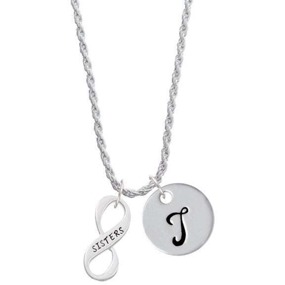Delight Jewelry Silvertone Sister Infinity Sign Silvertone Script Initial Disc - T - Charm Necklace, 20"+3"