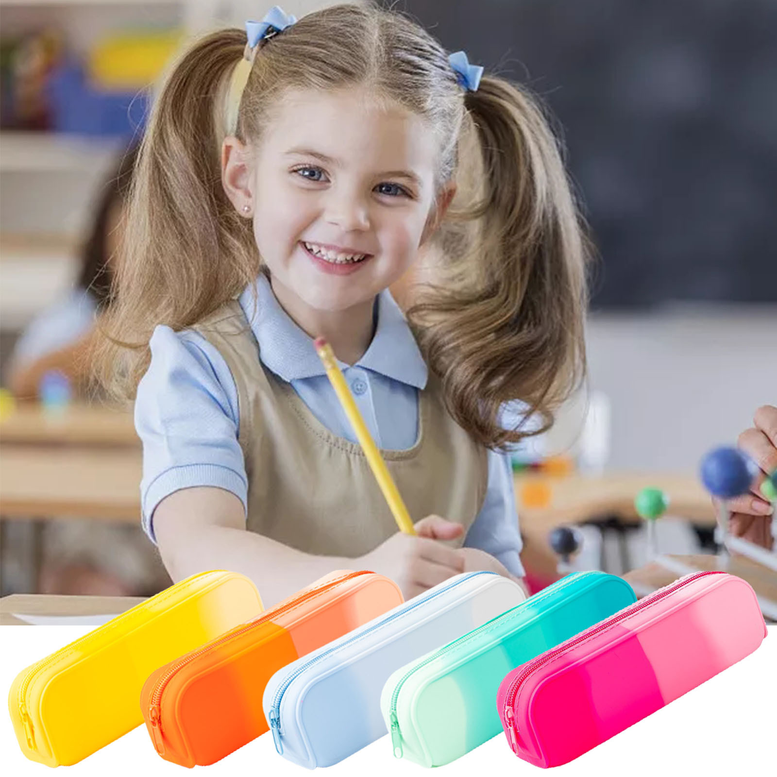 Pencil Case Under 5 Gradient Color Rectangular Silicone Texture Zipper