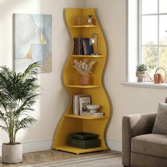 Tribesigns 5-Tier Corner Shelf, Modern Wavy Corner Bookshelf for Small Space, Living Room, Bedroom (Yellow)
