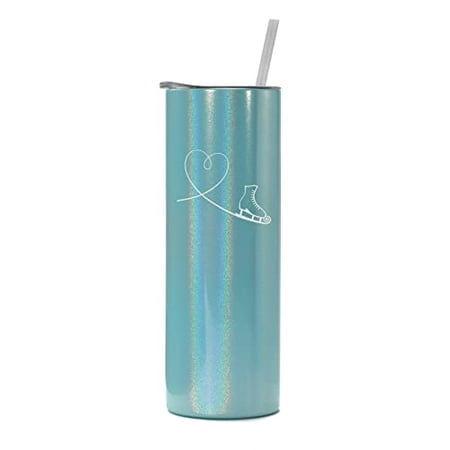 

20 oz Skinny Tall Tumbler Stainless Steel Vacuum Insulated Travel Mug Cup With Straw Heart Love Ice Skating (Light Blue Iridescent Glitter)