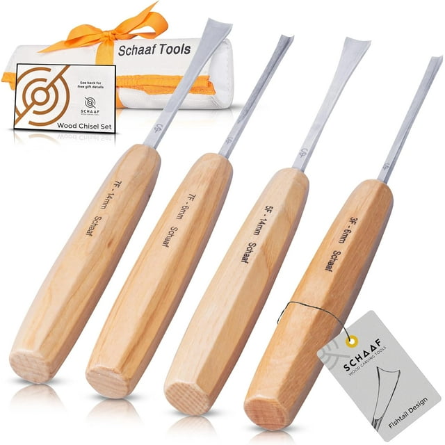 Schaaf Ensemble d'Outils de Sculpture sur Bois de 4 Gouges en Queue de Poisson, Poignées en Bois de Frêne, Lames en Acier Chromé-Vanadium, Biseautés pour Débutants et Professionnels