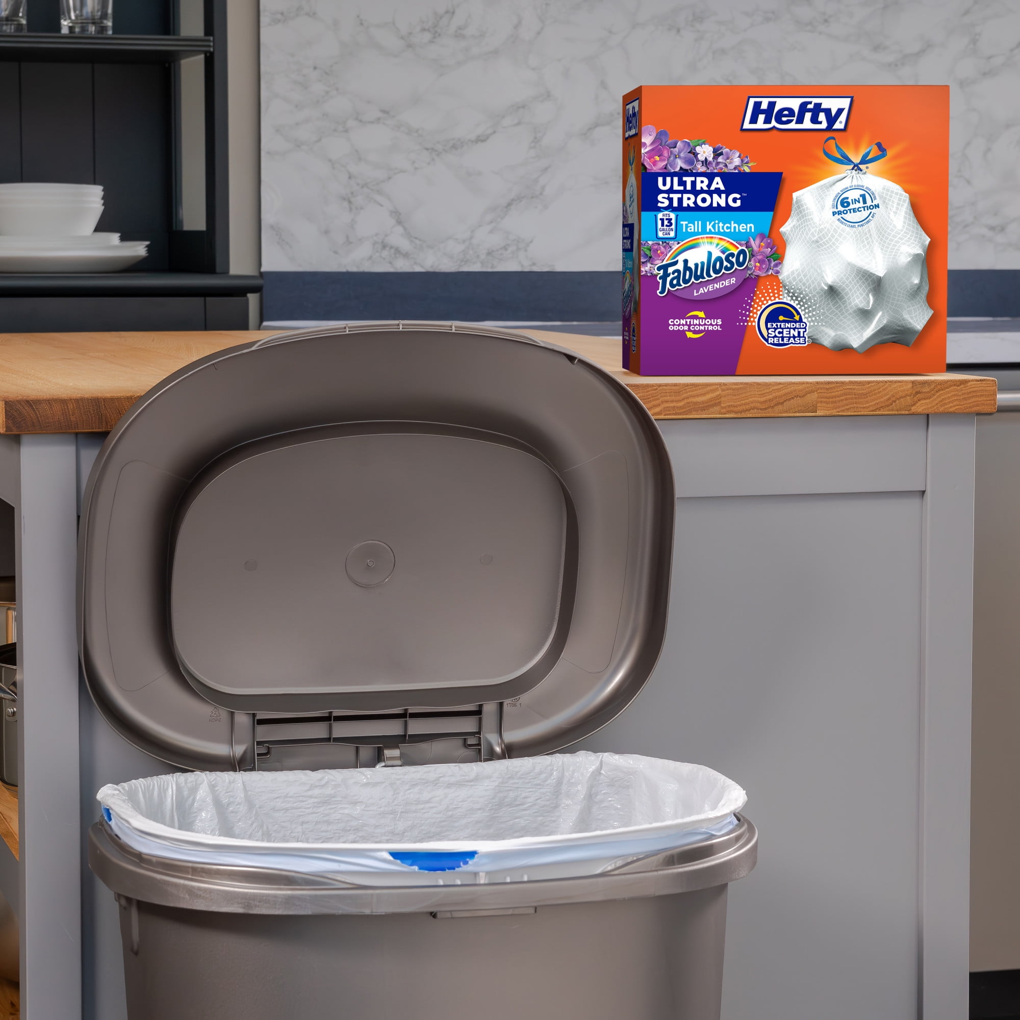 Hefty Ultra Strong 13 Gallon Trash Bags, Tall Kitchen Trash Bags, White, Fabuloso Lavender Scent, 80 Bags