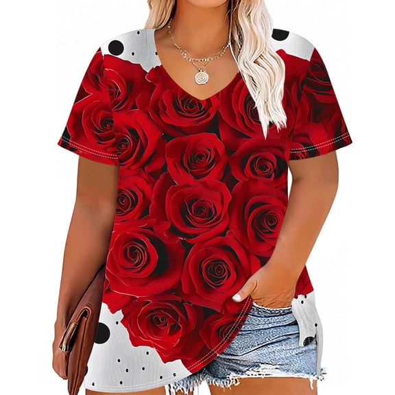 Njagoc3 Women's Red Rose Print V-Neck Short Sleeve Top - Romantic Floral-Themed Everyday Casual Wear