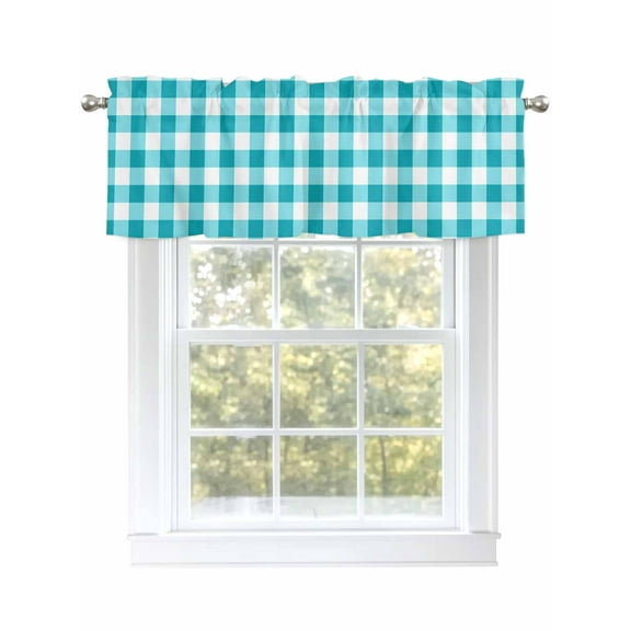 Teal Valances for Windows, Rod Pocket Kitchen Valance Curtains - Soft & Washable Small Window Treatment for Living Room, Bathroom, Aqua Plaid , 42x12 Inch, 1 Panel