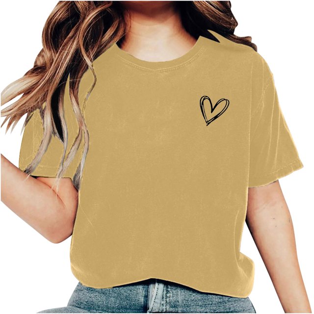 AherBiu Hauts d'Été pour Femmes Manches Courtes T-Shirts Confortables Imprimé Cœur Col Rond Basiques Blouse