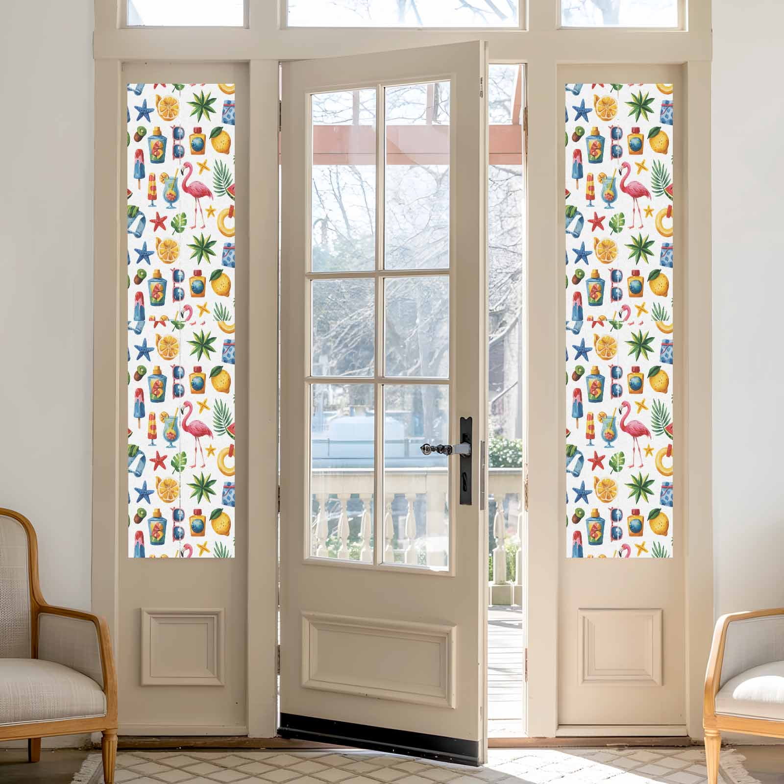 Summer Watercolor Style Window Privacy Film, Watermelon Flamingo Coconut Frosted Glass Window Clings Static Cling UV Heat Blocking Reusable Door Sticker for Bathroom 29.5 x 118 Inch