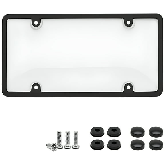 2x JacobsParts Universal License Plate Cover Protector, Clear with Black Plastic Frame, Transparent, Screws and Caps Included