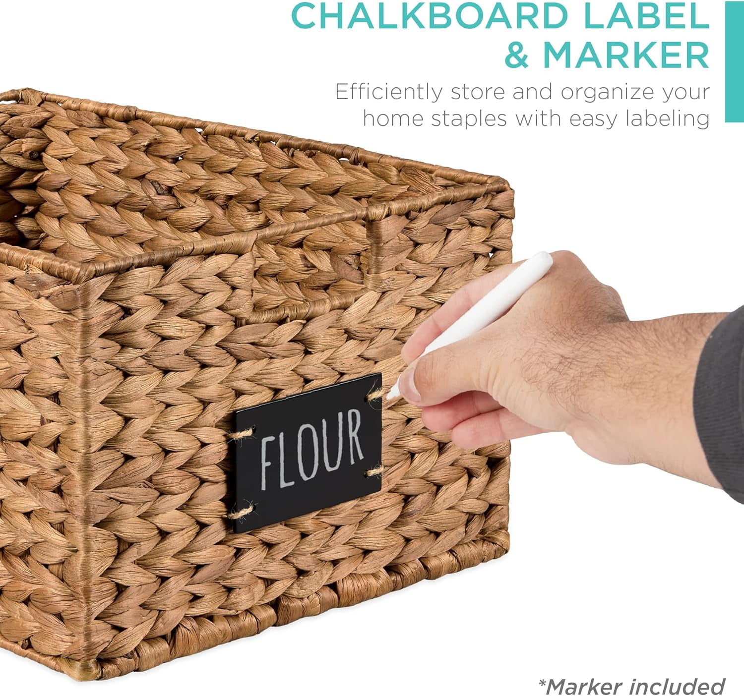 Neatifyes Pantry Baskets Set of 2 16x12in Water Hyacinth Storage Baskets, Woven Wicker Kitchen Organizers with handles w/Chalkboard Label Chalk Marker - Chestnut