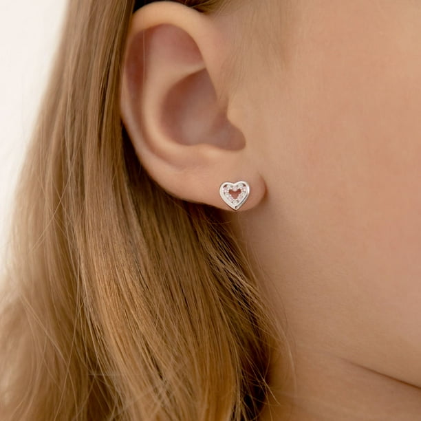 Open CZ Heart Baby Toddler Kids Earrings Screw Back Sterling Silver