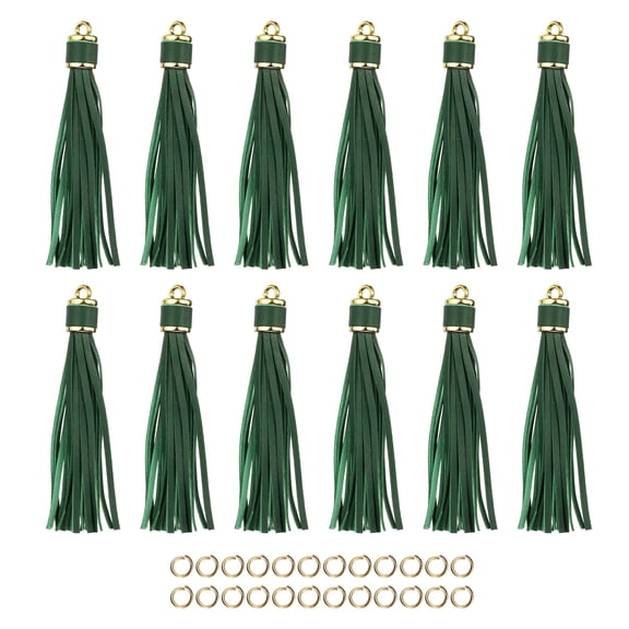 12pcs PU Leather Tassels, 4.3" Keychain Tassel Charm Tassel with Small Rings for Jewelry Making(Green)