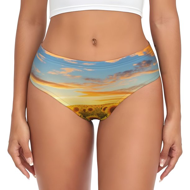Fotbe Beautiful Golden Sunflower Field Calzones Estampados para Mujer – Ropa Interior de Algodón, Cómoda, Suave y Elástica-Large