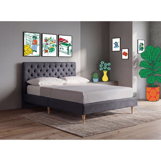 Cama Matrimonial Makora Velaria Oxford Tapizada en Tela Tipo Velvet (No Incluye Colchón)