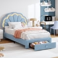 thumbnail image 1 of Twin Upholstered LED Bed Frame - with Storage Headboard & Storage Drawer, Berber Fleece Princess Platform Bed for Kids, Wood Support, No Box Spring Needed, Easy Assembly, Blue, 1 of 7