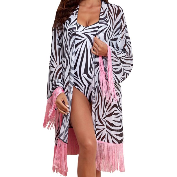 Gibobby Trajes de Baño Mujer Completos Nuevo Traje de baño de dos piezas con estampado europeo y americano de manga larga con borlas para mujer(Blanco,XL)