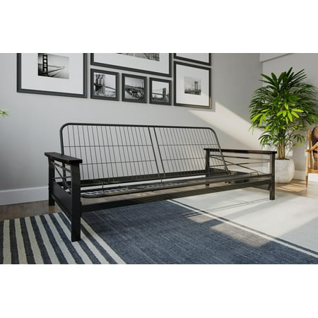 DHP Nadine Metal Futon Frame with Espresso Wood Armrests Full Size