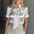 thumbnail image 2 of WHEANG Women's Solid Satin Collared Blouse, Loose Fit Roll Cuff Short Sleeve Casual Dressy Tops, Elegant Work Shirts for Daily Office Summer Wear Comfort Satin Top Outfits Size 2XL Beige, 2 of 3