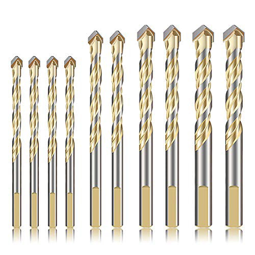 Masonry Drill Bit Set KAKOO 10 PCS Tungsten Carbide Tipped Ceramic Tile Drill Bits Assorted Size Twist Drill for Concrete Brick Glass Plastic and Wood 