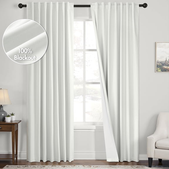 White  Blackout Linen Curtains 108 Inch Length 2 Panels, Back Tab/Rod Pocket Blackout Curtains Full Black Out Thermal Curtain for Summer Heat, Farmhouse Room Darkening Curtain Bedroom