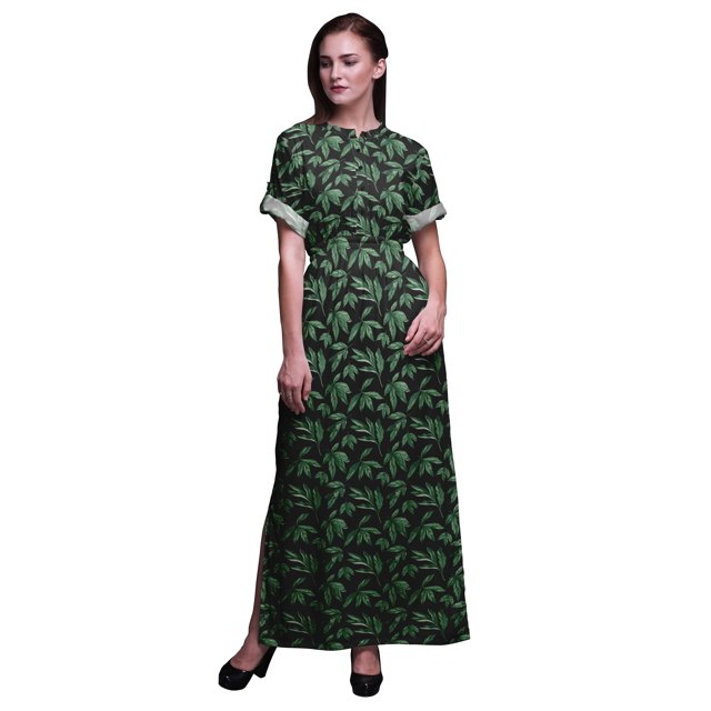 Bimba Robe Longue Imprimée en Rayonne à Feuilles, Taille Smockée, Fente Latérale, pour Femme - Très Petit