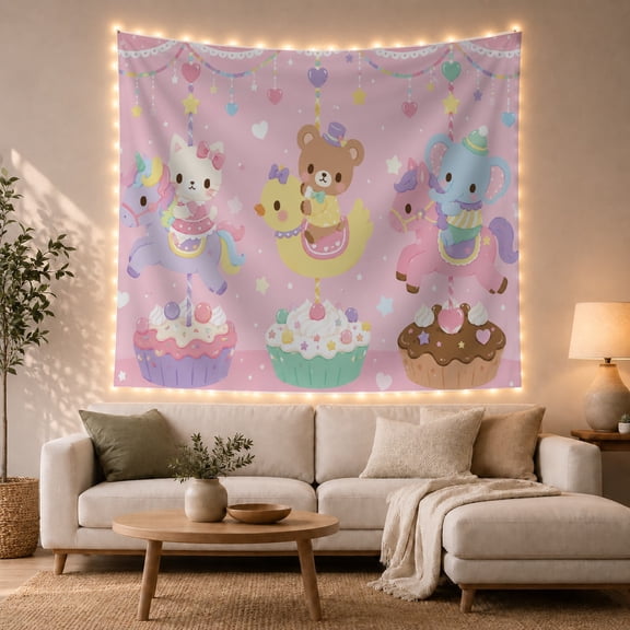 Moon Stars Kawaii with Digital Characters Riding Carousel, Playful Illustration for Cat Lovers, Animal Wall Decor, Valentine'S Day Gift, Tapestry Wall Hanging for Bedroom and Dorm