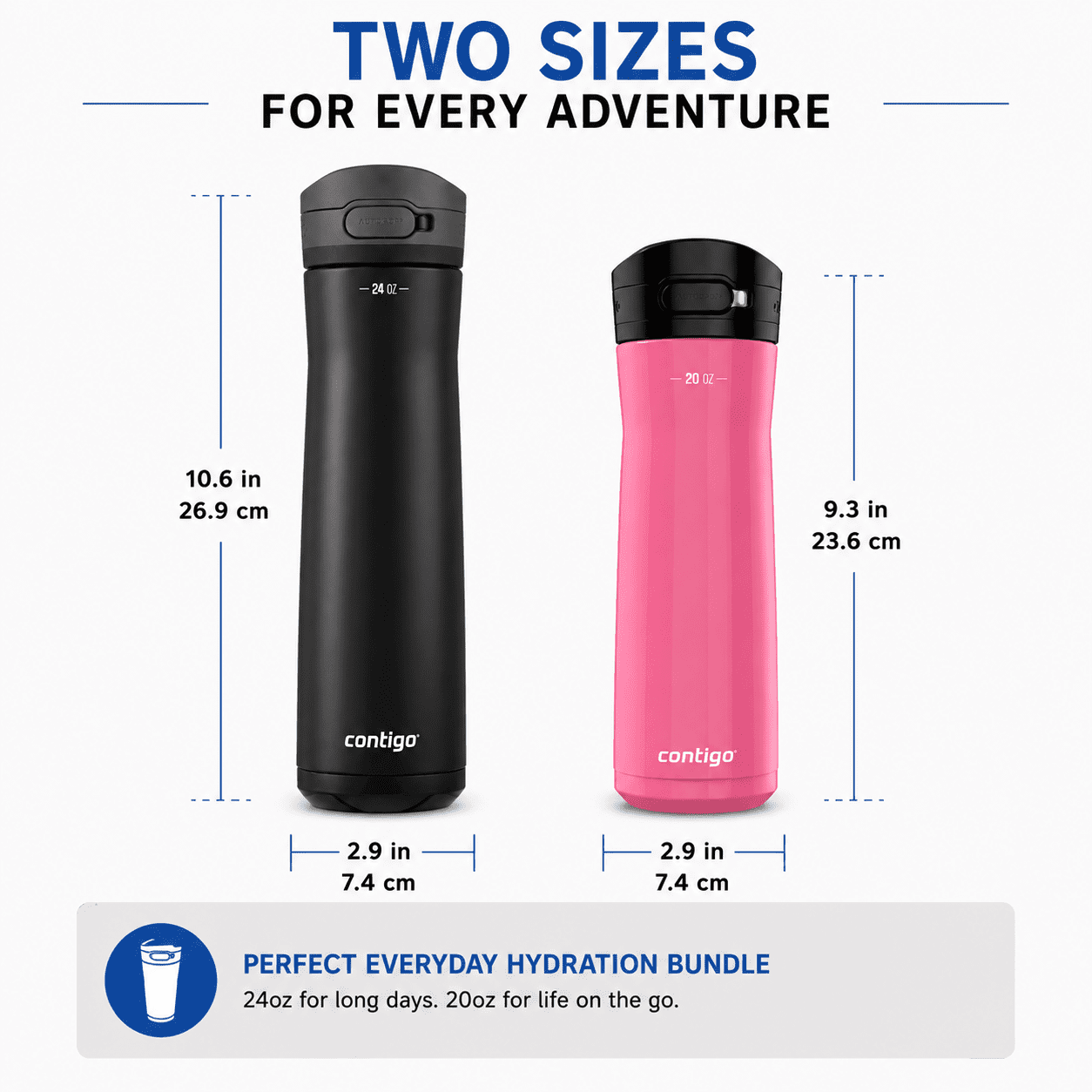Contigo Jackson Chill  Bundle 2 Water Bottles Black 24oz and Pink  20oz with Autopop Lid