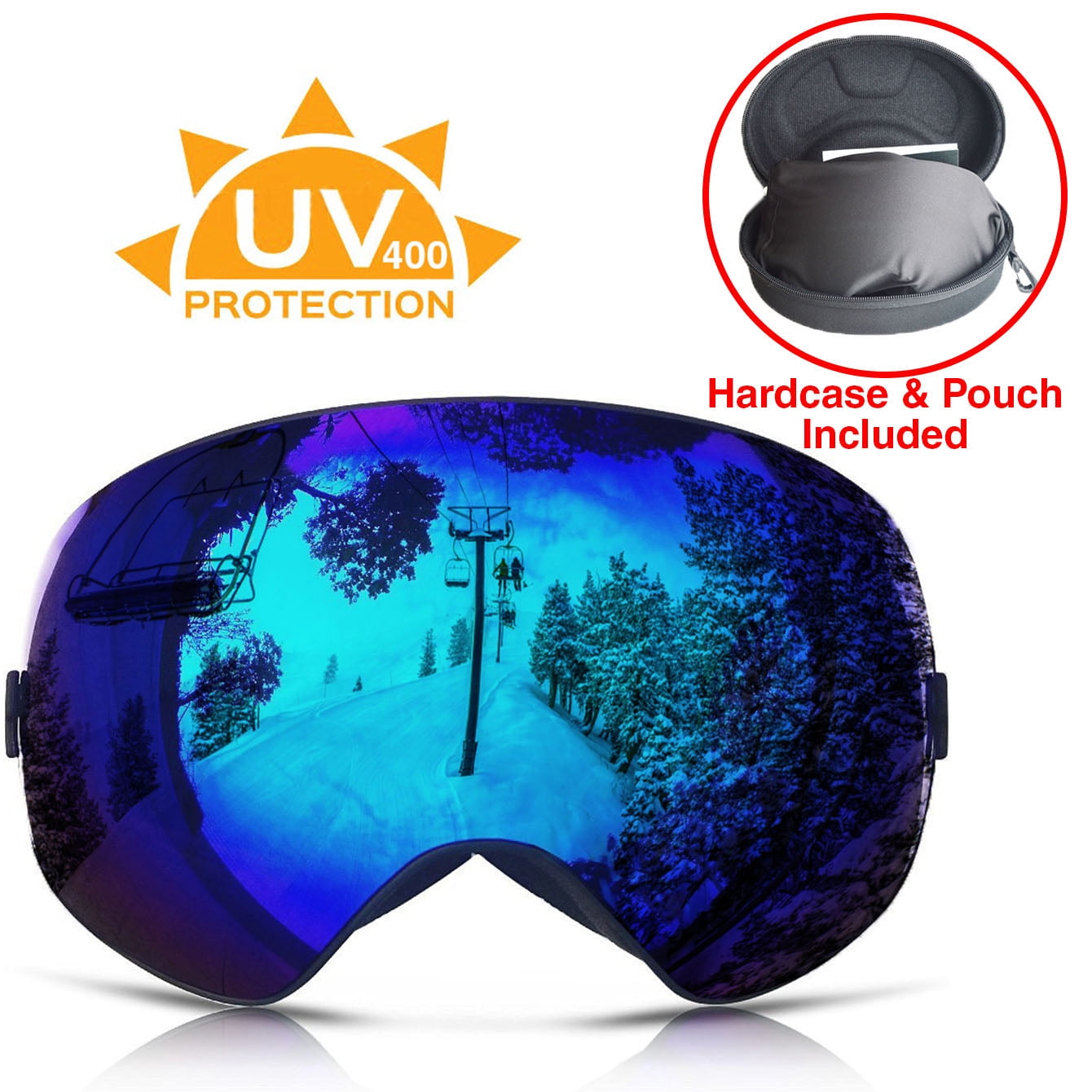 Xspec UV400 Snowboard Ski Snow Goggles w Detachable Mirror Lens & Case, Blue Anti Fog by Xspec