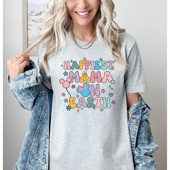 Moonlight Apparel Happiest Mama on Earth Multi-Color T-Shirt Cute Comfort Tee for Moms Magical Theme Park Inspired Graphic Shirt Fun Mother’s Day Gift Minnie Style Mom Vacation Shirt