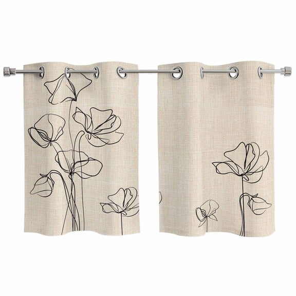 Retro Beige Flowers Kitchen Curtains Window Panels, Rustic Abstract Floral Simple Art Insulated Window Treatment Curtain, Grommet Curtains for Bedroom/Living Room/Bathroom, 2 Piece 27.5"Wx39"L