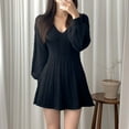 thumbnail image 7 of SMihono Womens V Neck Long Sleeve Sweater Dress Casual Loose Spring Latern Sleeve Knit Flowy Short Mini Skater Dresses Black 4-14, 7 of 7
