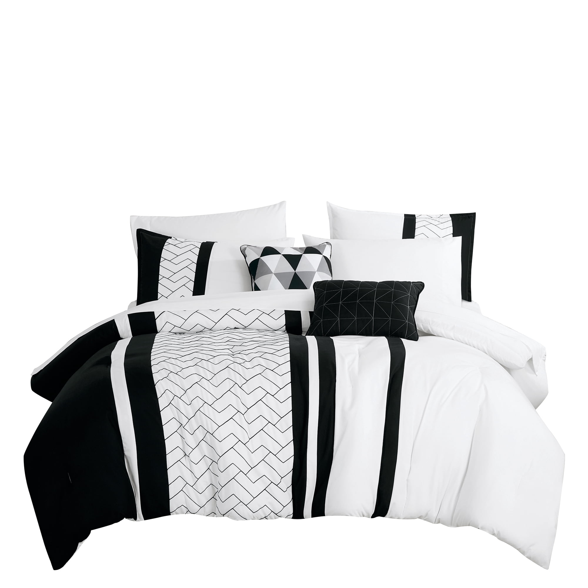 9-Piece Black & White Geometric Embroidery Comforter Set, Elegant Striped Bedding with Sheets and Decor Pillows, King