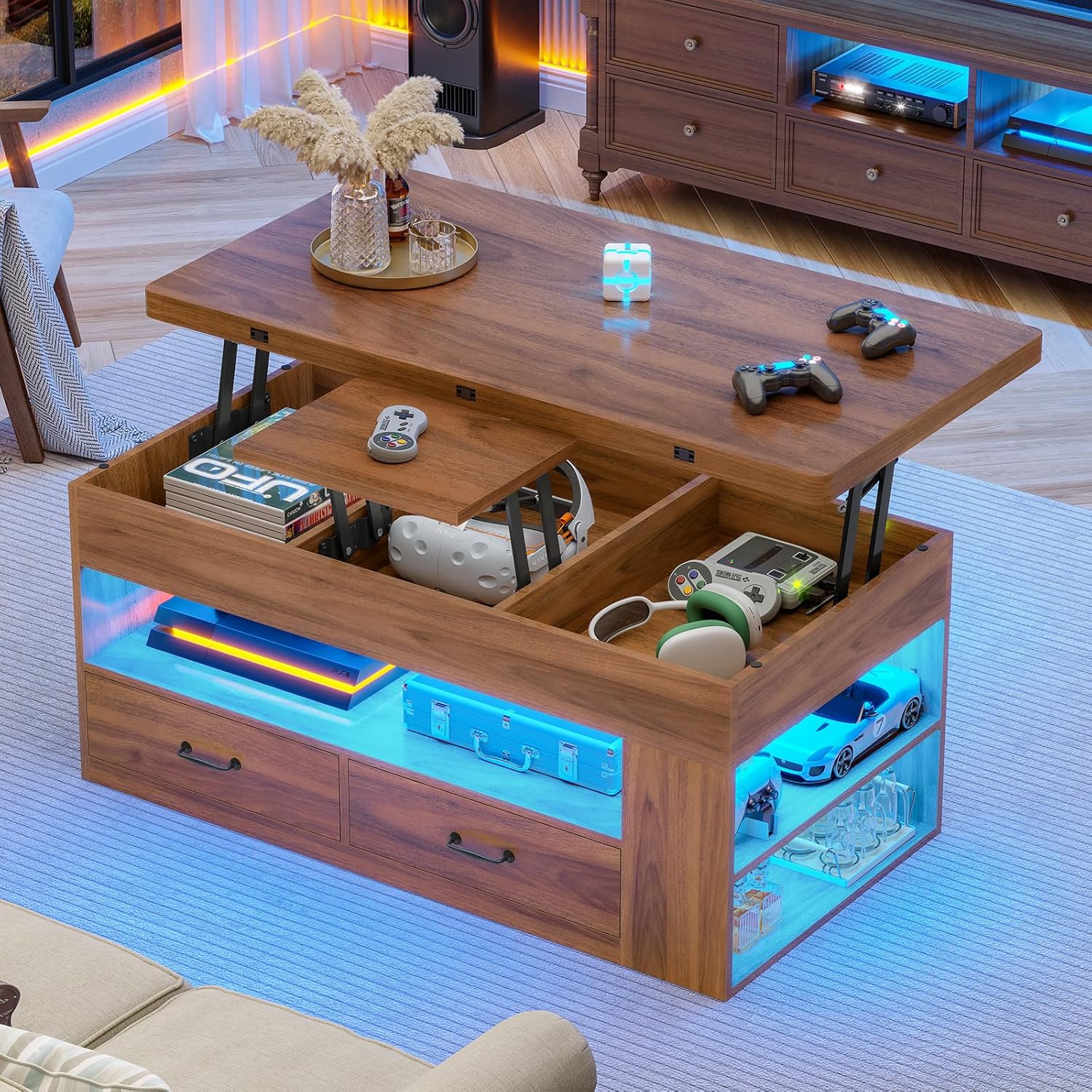 40" Farmhouse Lift Top Coffee Table, 4 in 1 Multifunction Lift Coffee Tables with 2 Drawers, Open Shelves and Hidden Compartment, Center Table with Wooden Tabletop for Living Room, Brown